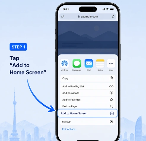 1xBet iPhone mobile web access Mongolia Safari add to home screen prompt 
