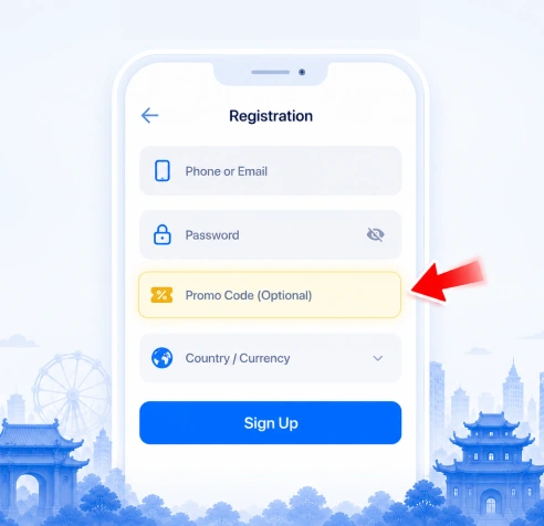 1xBet promo code field registration Mongolia highlighted with arrow close up 